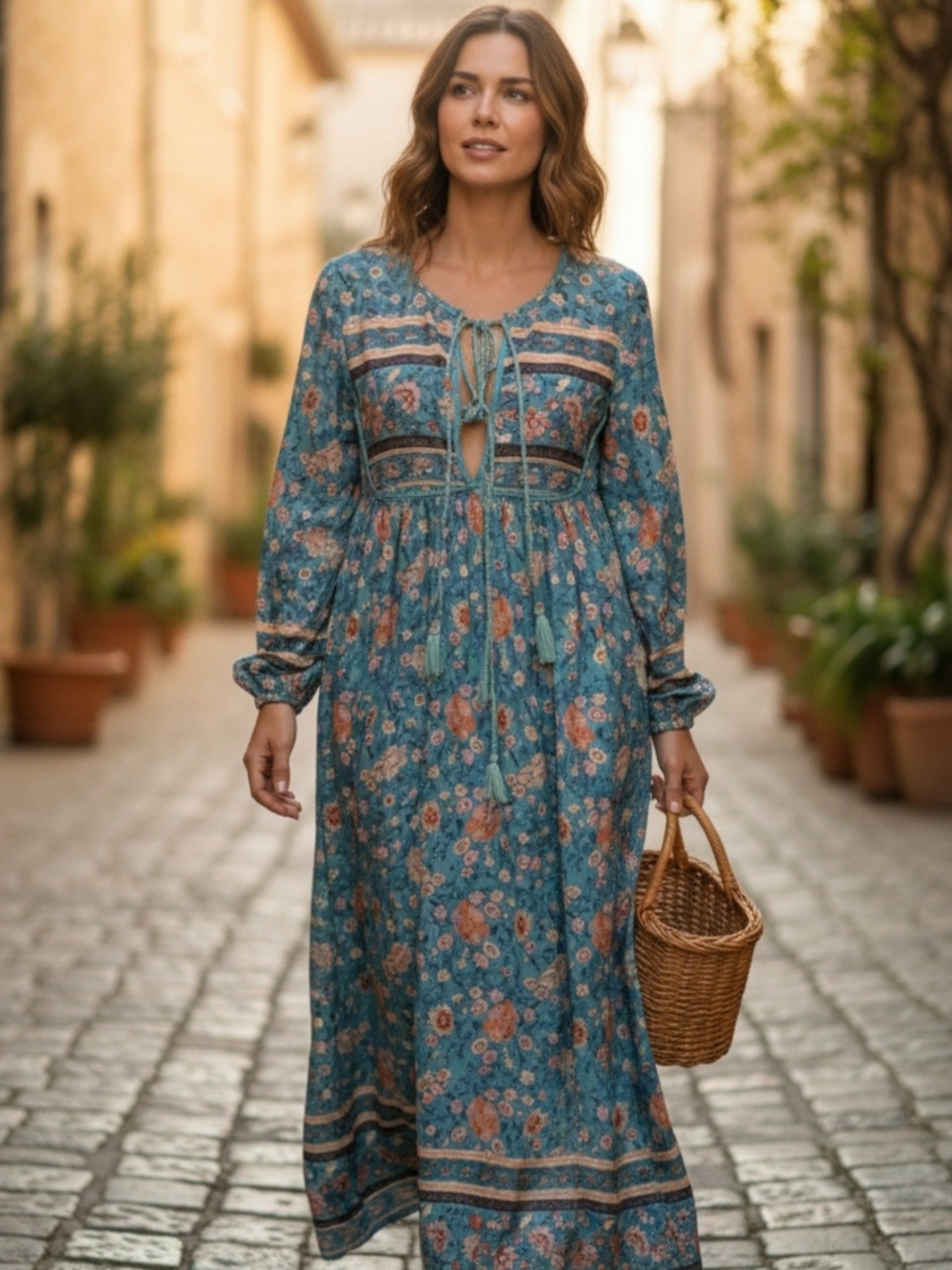 Bohemian Teal Floral Tie-Front Maxi Dress